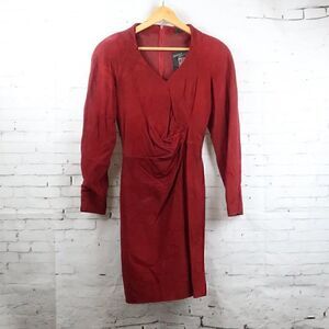 MICHAEL HOBAN NORTH BEACH LEATHER VINTAGE RED SUEDE LONG SLEEVE V NECK DRESS